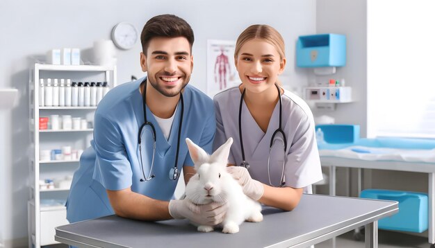 un médico y un conejo con un conejo en el fondo