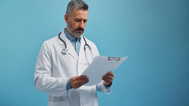 Foto médico confiado consultando una ficha médica en bata blanca contra un fondo azul cielo