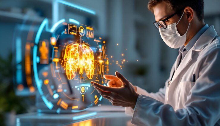 El médico de consulta médica de vanguardia que utiliza el escaneo holográfico en un entorno de atención médica moderno y limpio