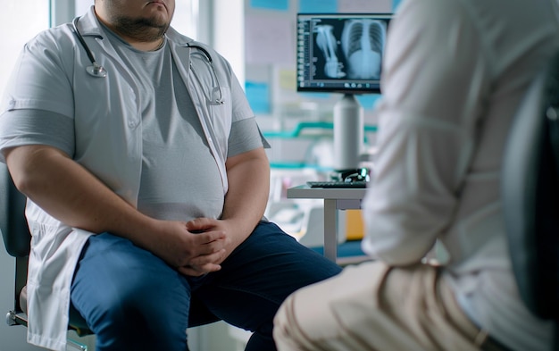 Foto el médico consulta a un paciente con sobrepeso