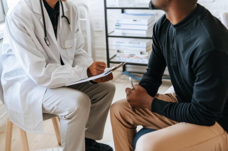 Médico consultando a una paciente femenina preocupada con una tableta en una clínica