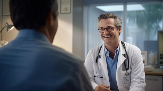 Médico conversando com paciente na clínica