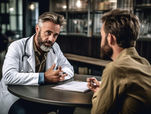 Foto médico conversando com um paciente em uma mesa com um deles vestindo jaleco branco