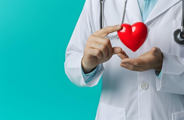 Foto médico con corazón rojo para el diseño del post del día de la salud