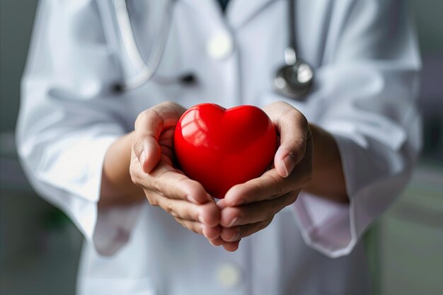 Un médico con un corazón rojo en las manos