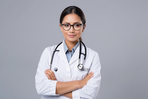 Médico cruzando los brazos mientras sostiene un estetoscopio en una bata blanca