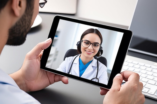 Médico dando consultas médicas por telefone e videoconferência