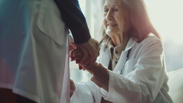 Foto médico dando esperanza imagen en primer plano de una joven médica inclinándose hacia adelante para sonreír ia generativa