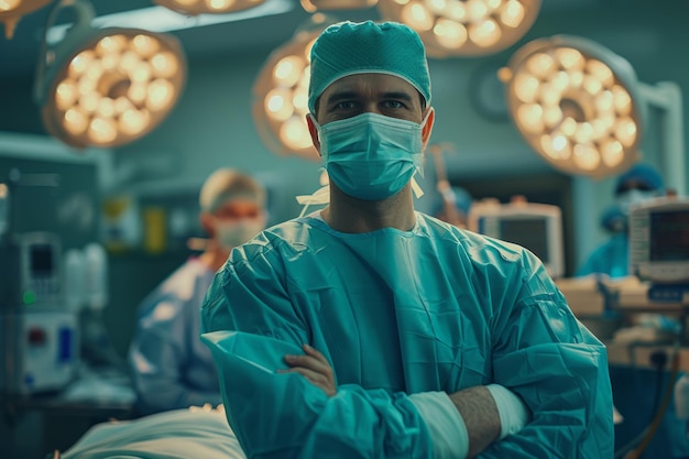 médico de braços cruzados de pé na sala de teatro vestindo uniforme de hospital olhando para a câmera