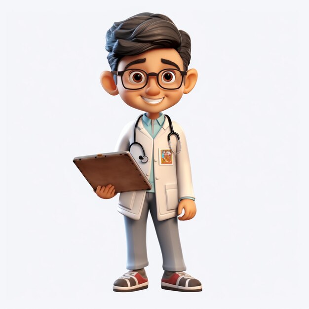 médico de desenho animado com prancheta e estetoscópio em frente a um fundo branco ai generativo