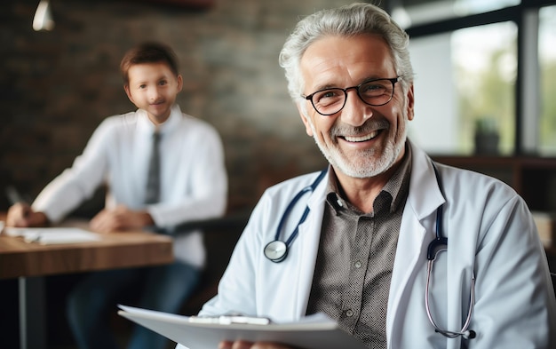 Médico de família caloroso e acessível lendo dados médicos