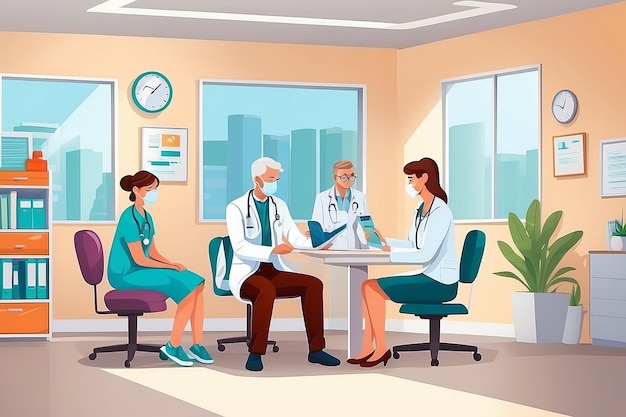 Médico de família com pacientes no consultório do hospital Ilustração de desenho animado plano vetorial Consulta médica de terapeuta ou pediatra na clínica Conceito de assistência médica