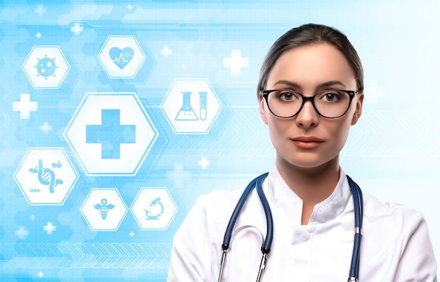 Médico de mulher em fundo futurista azul e branco com símbolos de medicina