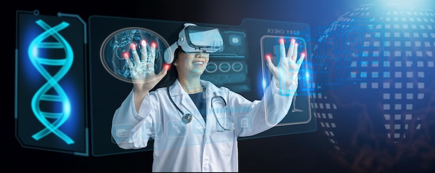 Médico de tecnologia de metaverso global e futurista de saúde médica digital usando o melhor equipamento de fone de ouvido VR para verificar o paciente de órgãos internos na tela conceito de inovação futura