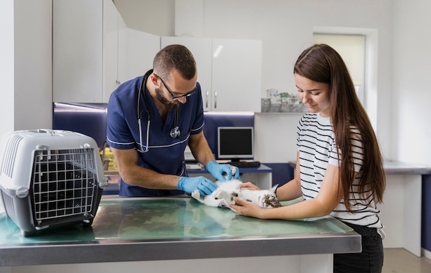 Foto médico de tiro médio e proprietário de gato na clínica