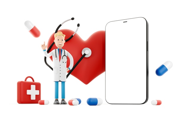 Médico de dibujos animados cerca de un gran corazón rojo y un teléfono móvil