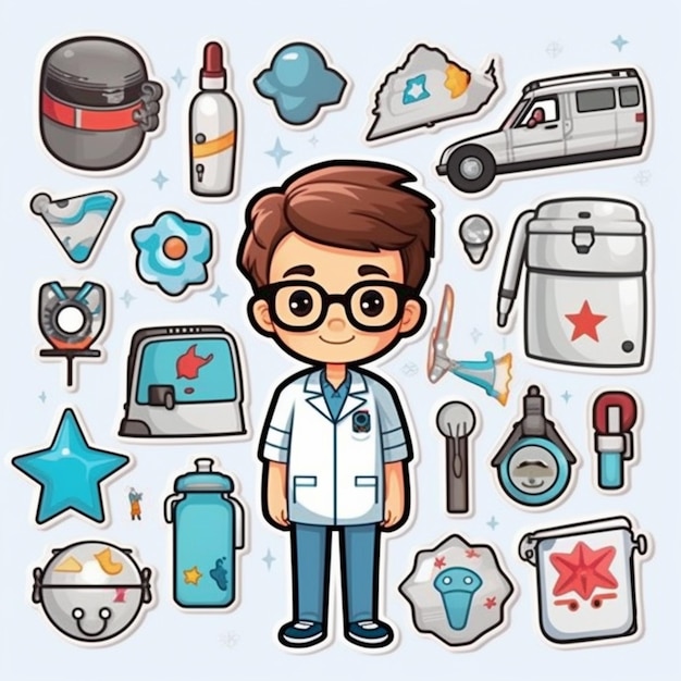 un médico de dibujos animados con varios artículos médicos y artículos generativos ai