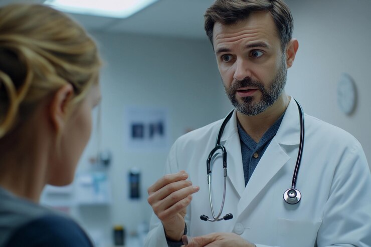 El médico discute las opciones de tratamiento con el paciente en un entorno de clínica médica IA generativa