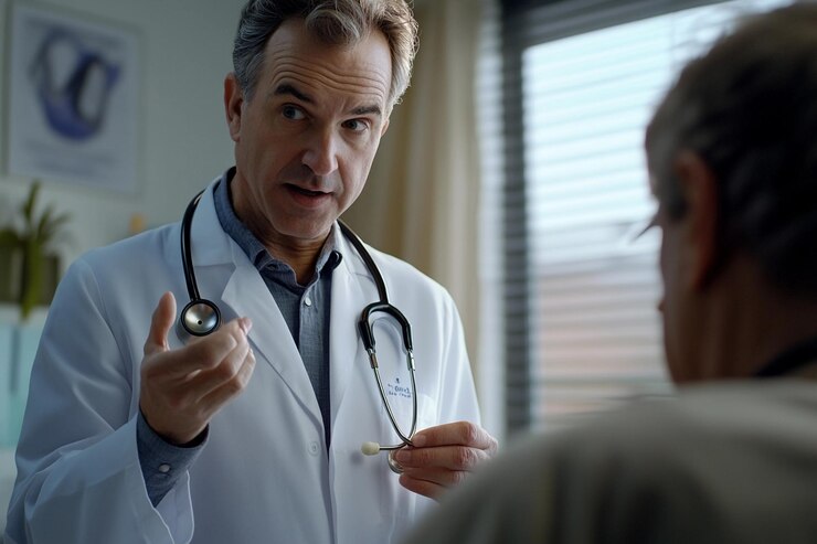 El médico discute las opciones de tratamiento con el paciente en un entorno de consultorio médico IA generativa