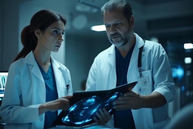 Foto un médico discutiendo los resultados de una resonancia magnética con un paciente adolescente en una tableta en la sala de emergencias