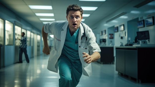 Médico do sexo masculino correndo em emergência do hospital, paciente em crise ou chamada de pager Conceito médico de saúde