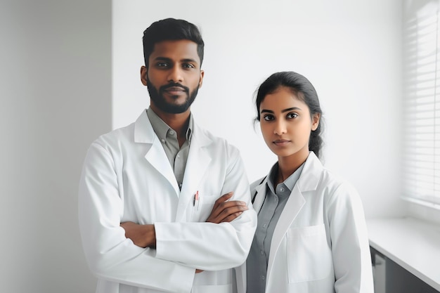 Médico e médica em uniforme médico na sala da enfermaria