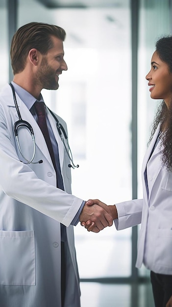 Foto médico e mulher de negócios apertando a mão em reunião