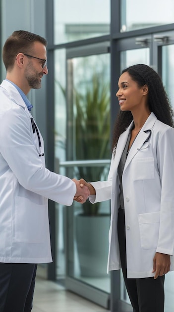 Foto médico e mulher de negócios apertando a mão em reunião