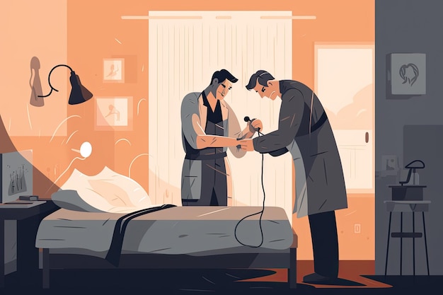 Médico e paciente em ilustração de quarto de hospital em estilo simples