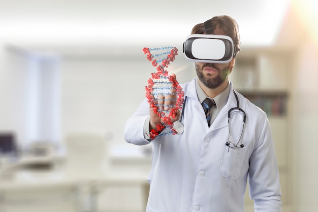 Médico em seu consultório, usando óculos de realidade virtual, olhando um DNA virtual