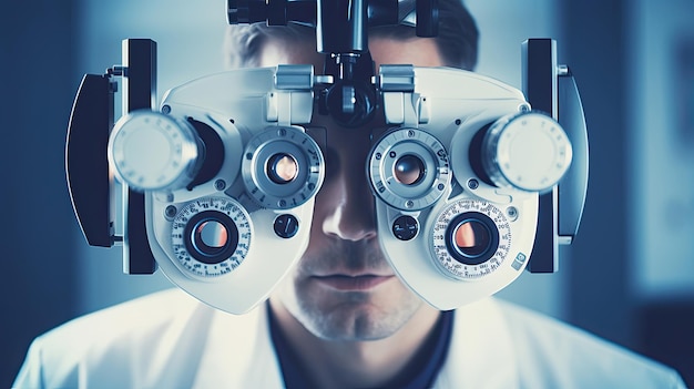 Foto médico em uma clínica óptica com equipamentos futurísticos de oftalmoscópio realizando exames oculares e pesquisa de cura da visão