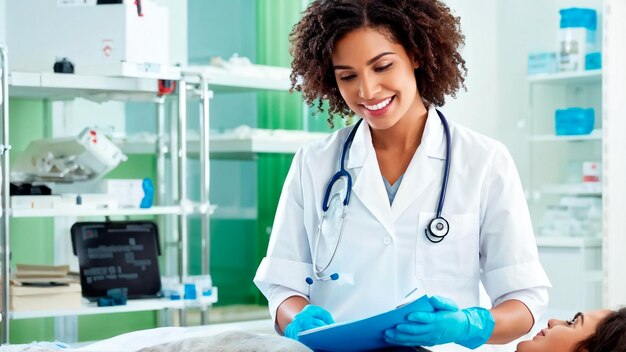 Foto un médico y una enfermera están mirando una ficha médica