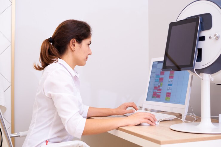 Foto médico con equipo para el diagnóstico de piel facial para dermatología y cosmetología.