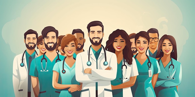 Un médico del equipo de diseño plano que trabaja en un hotpital con ilustraciones de estilo plano