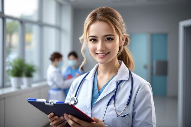 Médico de equipo enfermera con visión trabajo en equipo brazos cruzados mientras trabaja en el hospital Generado ai