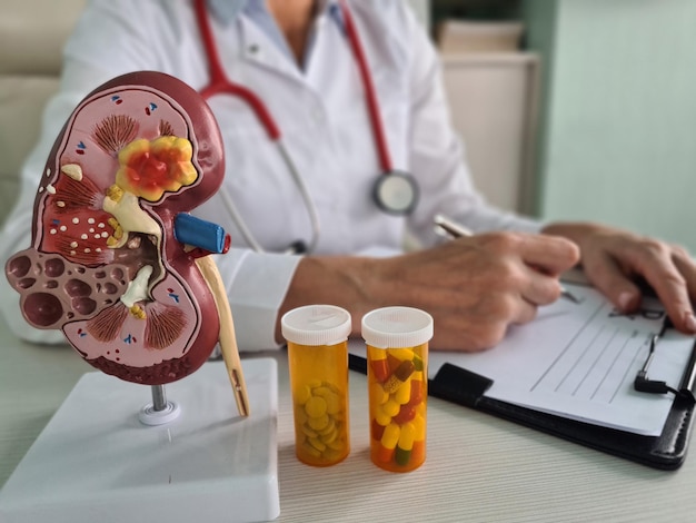 Foto el médico escribe una receta médica para el tratamiento del riñón de una persona con pastillas en la clínica