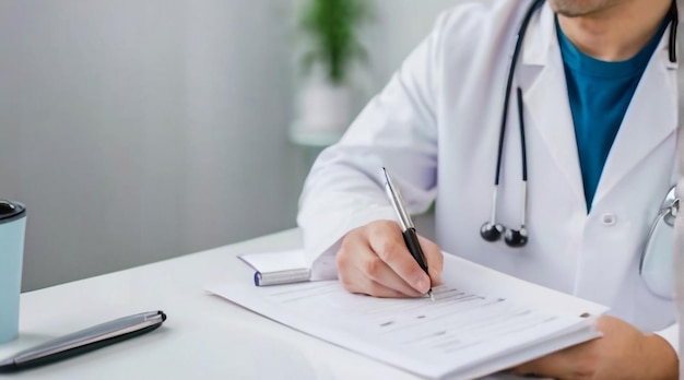 Foto un médico está escribiendo en un bloc de notas con un bolígrafo en él