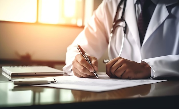 Un médico escribiendo en un documento con una pluma.