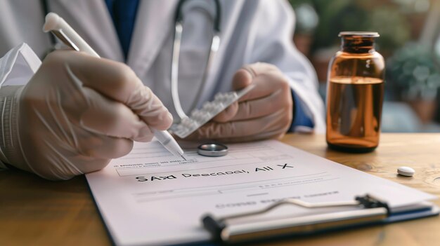 Foto el médico escribiendo una nota rx de primer plano