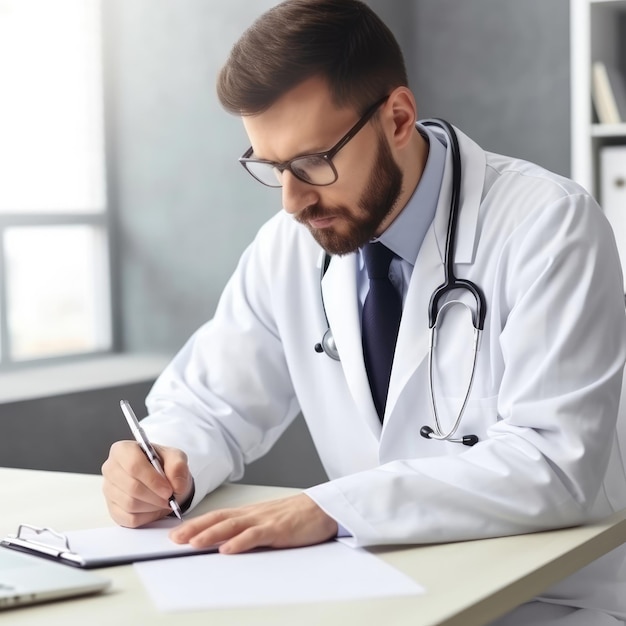 Un médico escribiendo en un papel con un bolígrafo.