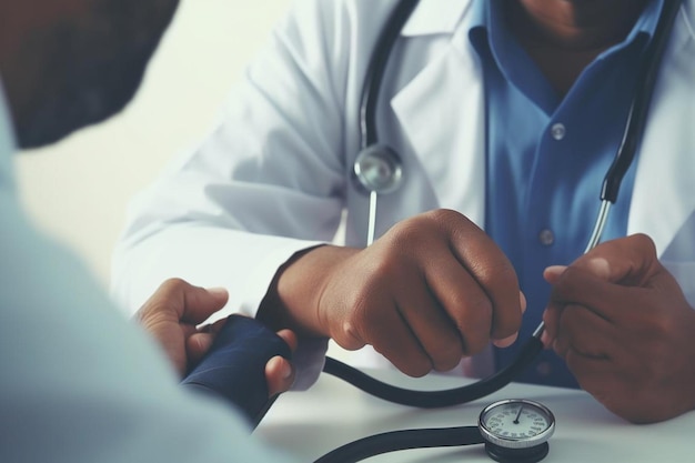 un médico está ajustando su estetoscopio en una mesa.