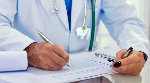 un médico está escribiendo un documento con una pluma