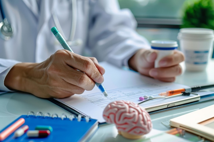 Foto un médico está escribiendo en un pedazo de papel con una pluma
