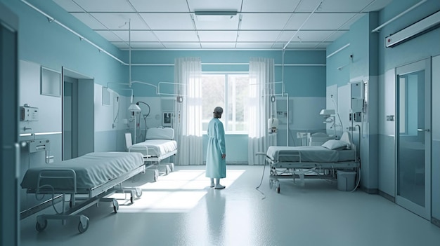El médico está de pie en el pasillo en la vista de la instalación médica del hospital