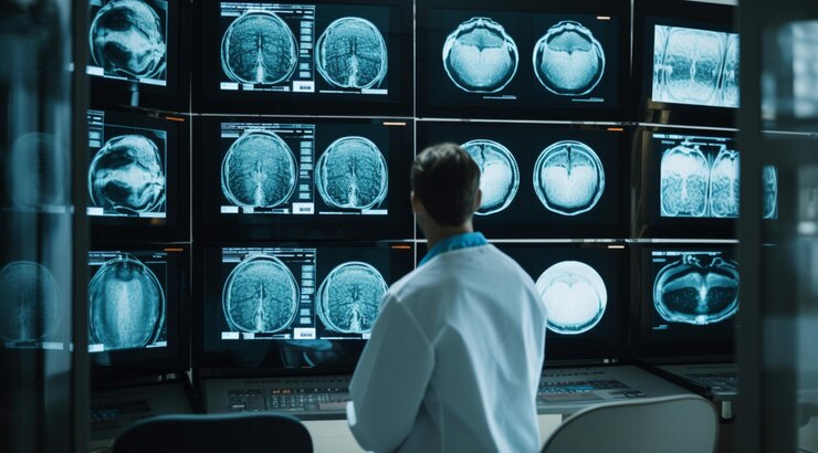 Un médico está de pie en un soporte con una radiografía creada utilizando tecnología de IA generativa