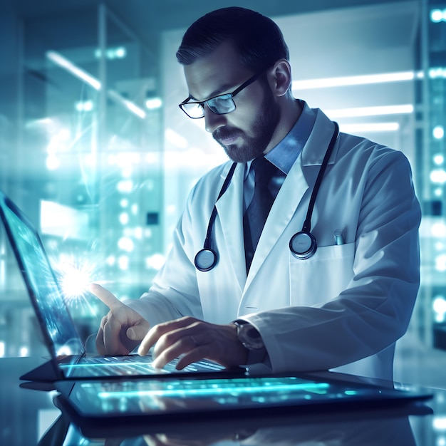 Un médico está trabajando en una computadora portátil con una pantalla azul que dice "soy médico"