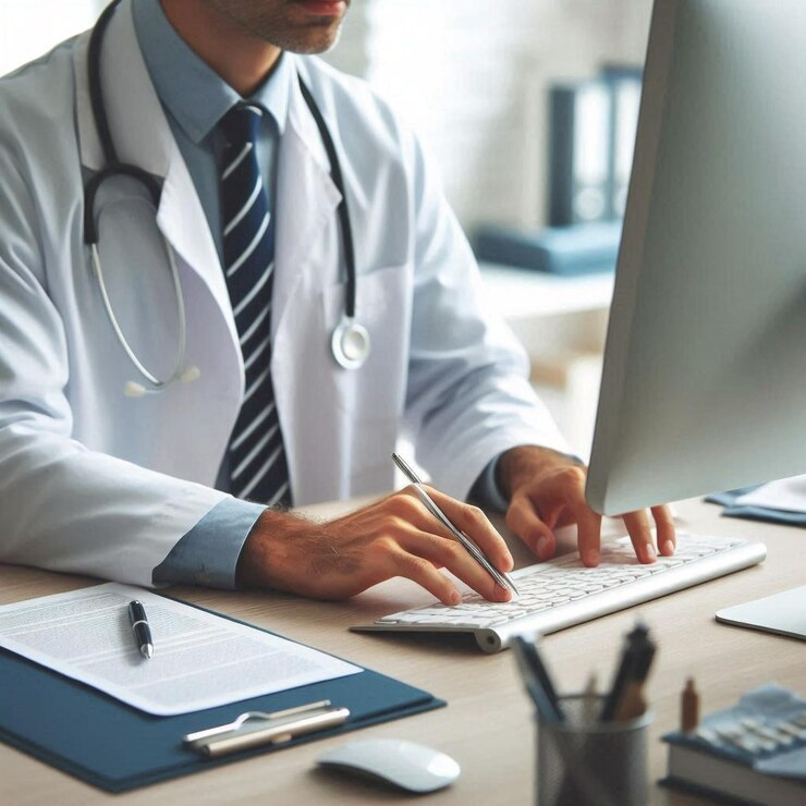 un médico está trabajando en una computadora con un teclado y un bolígrafo