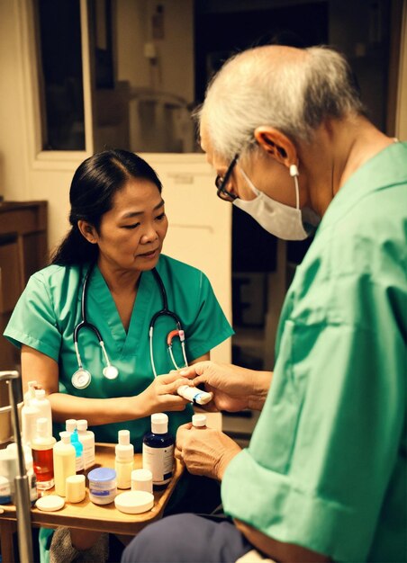 un médico está trabajando en un producto médico con una enfermera en el fondo