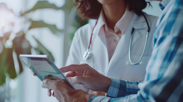 un médico está usando una tableta con un estetoscopio en ella