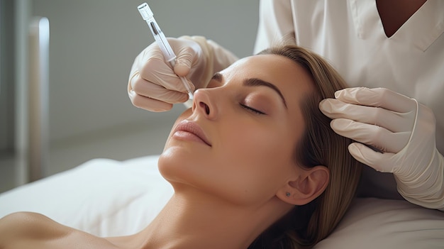 El médico esteticista hace una marca en la cara de la clienta antes de la inyección de relleno, cuidado de belleza cosmético